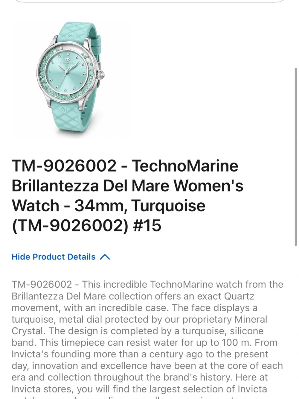 Invicta Technomarine Mint Blue Silicone Strap Crystal Accent Watch